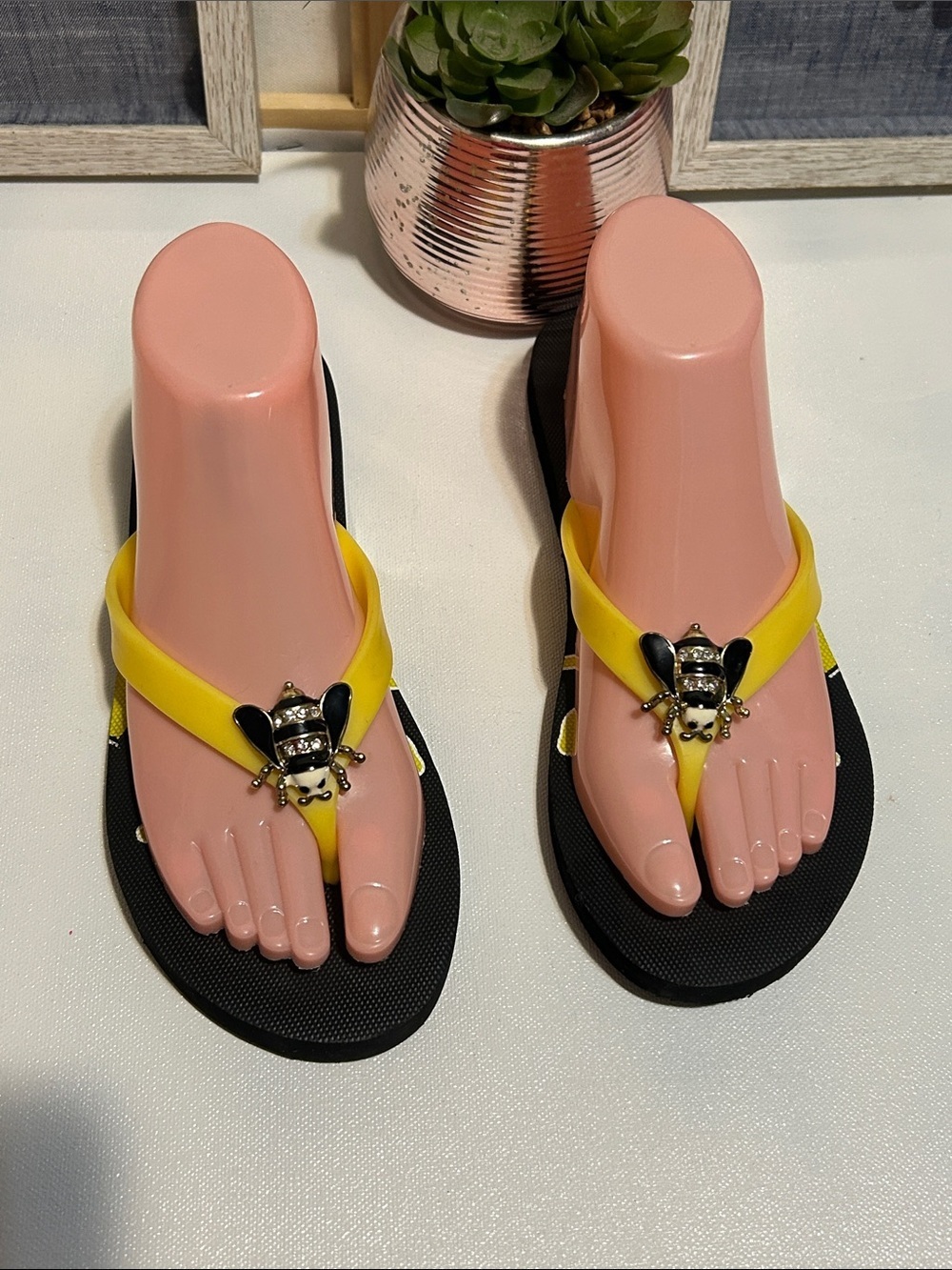 Yellow Bee-Embellished Women's Flip Flops